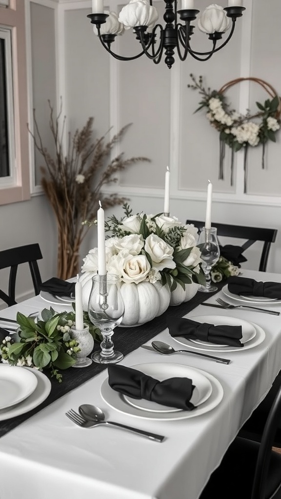 Thanksgiving table decor with black and white theme featuring pumpkins and floral arrangements.