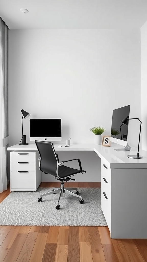 A modern home office setup featuring a clean desk, two stylish chairs, and a bright window.