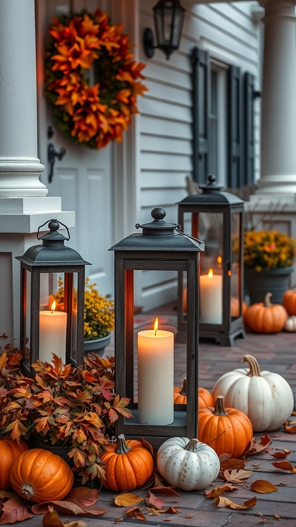 Front porch decorated with lanterns, pumpkins, and fall flowers