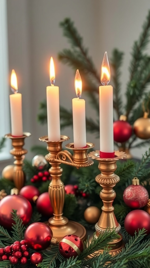 Antique brass candle holders with lit candles surrounded by Christmas decorations.