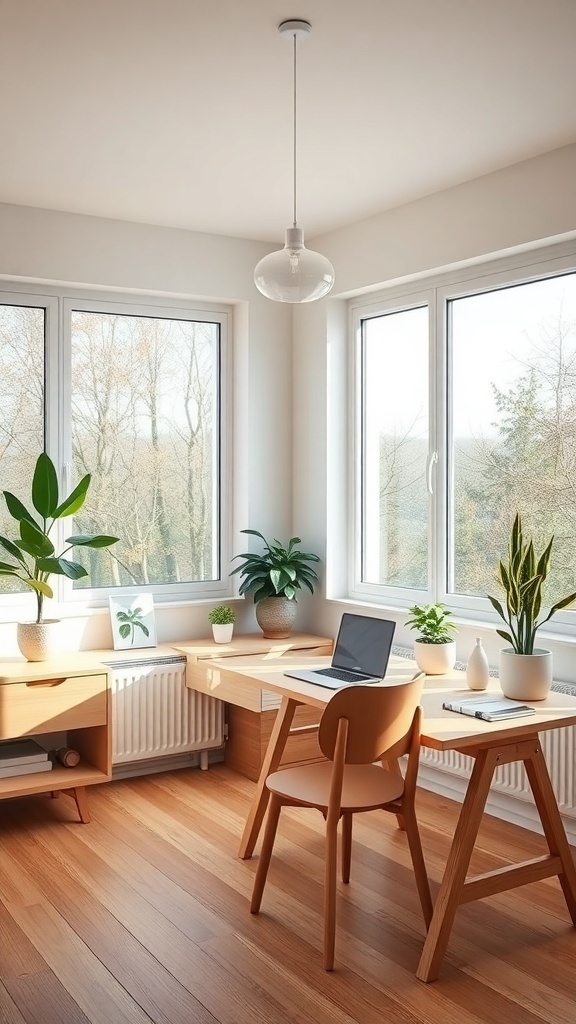 A bright Scandinavian-inspired home office featuring a wooden desk, chair, and plants.