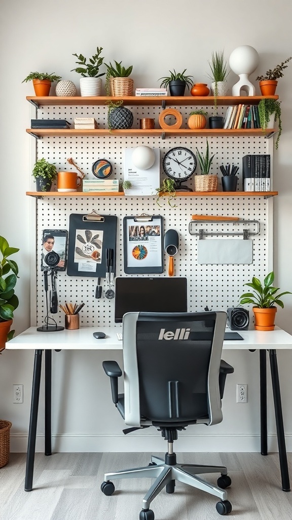 A modern home office setup featuring a wall-mounted pegboard with plants, office supplies, and a sleek desk.