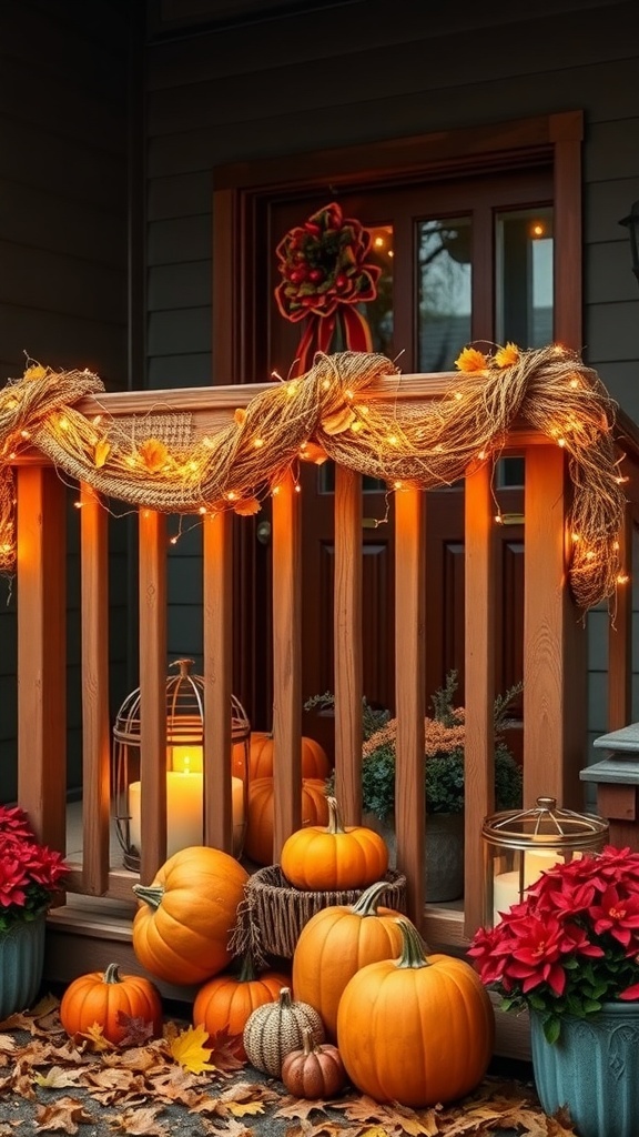 A cozy fall front porch decorated with twinkle lights, pumpkins, and a wreath.