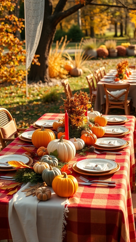 Outdoor Thanksgiving picnic table decorated with pumpkins and fall foliage.