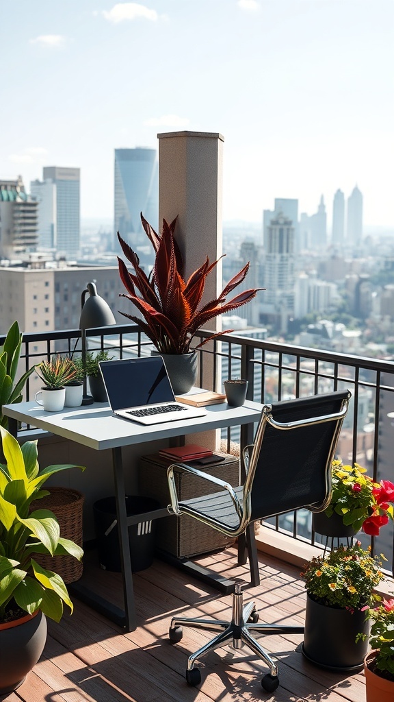 A cozy outdoor balcony office setup with a desk, chair, and plants.