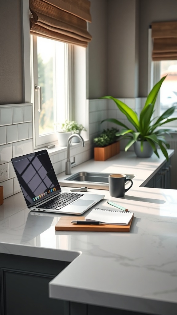 A kitchen counter office setup with a laptop, coffee mugs, and notepads.