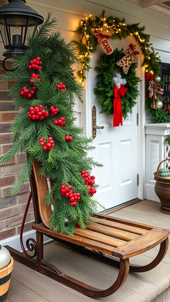 Antique sled decorated with greenery and red berries on a porch.