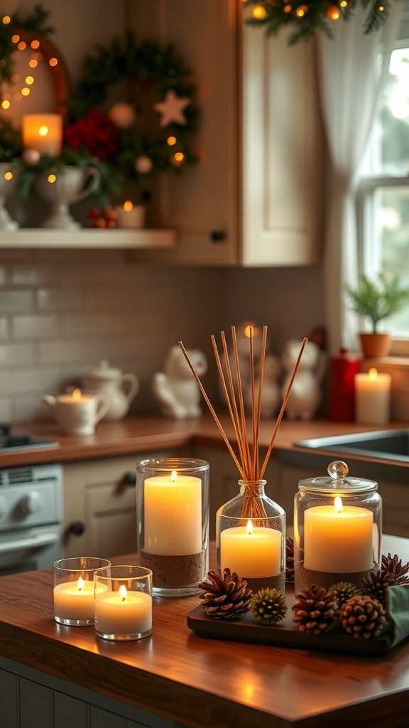 A cozy kitchen decorated for Christmas with candles and holiday decor.