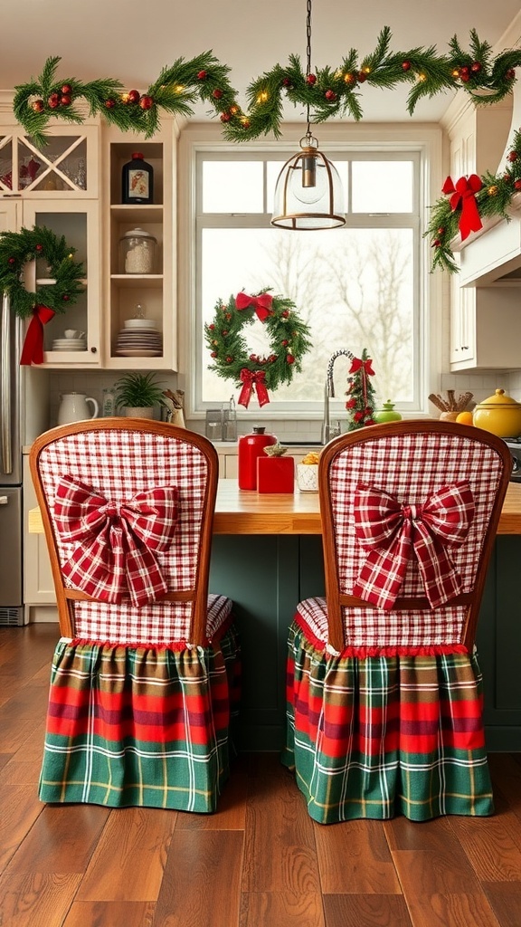 Two dining chairs with red and green holiday bows and slipcovers in a decorated kitchen.