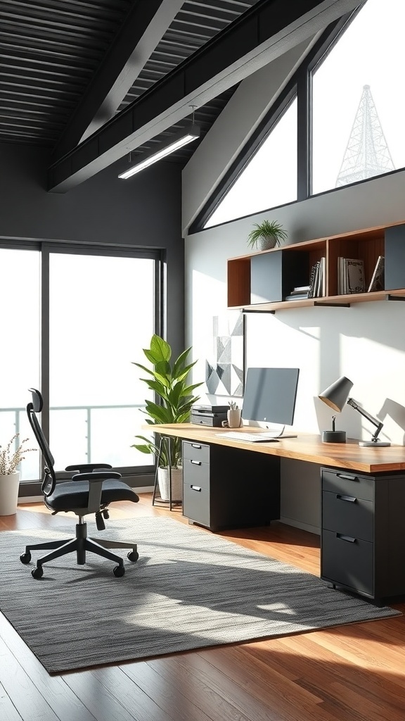 A modern home office with a modular desk system, featuring sleek furniture and clever storage solutions.