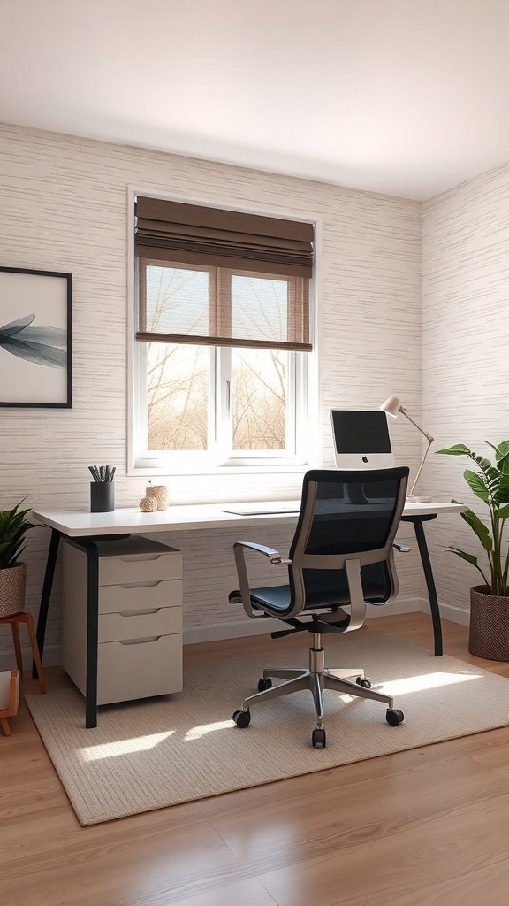 A contemporary home office featuring textured wallpaper, a sleek desk, and a comfortable chair.