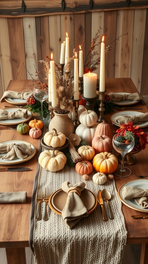 Boho Thanksgiving table setting with pumpkins, candles, and natural elements.