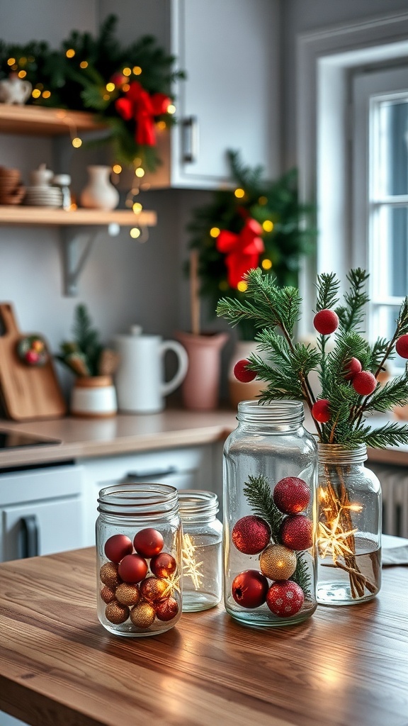 Glass jars filled with colorful ornaments and greenery on a kitchen table.