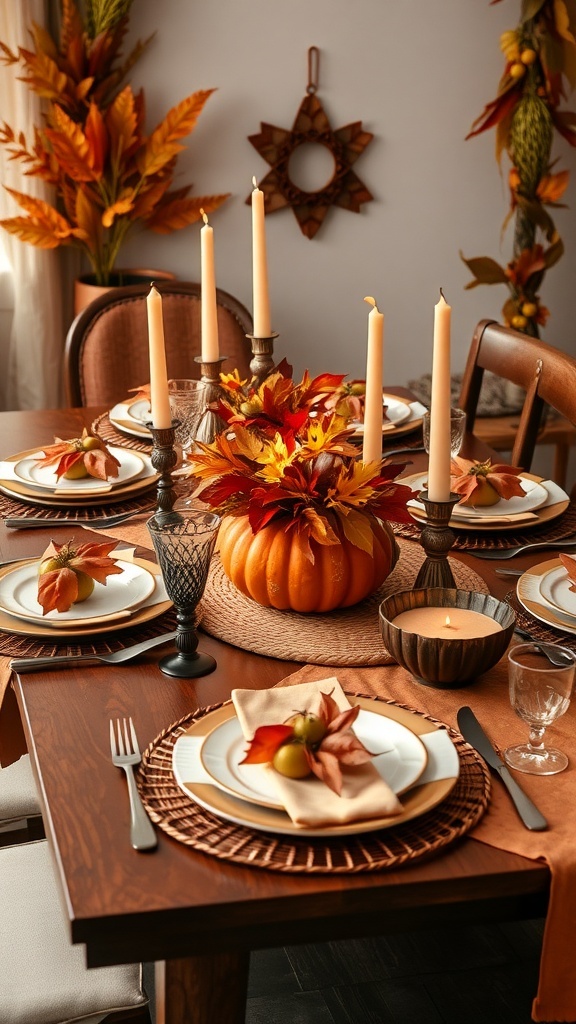 Thanksgiving table decor featuring rust and terracotta colors with pumpkins and candles.