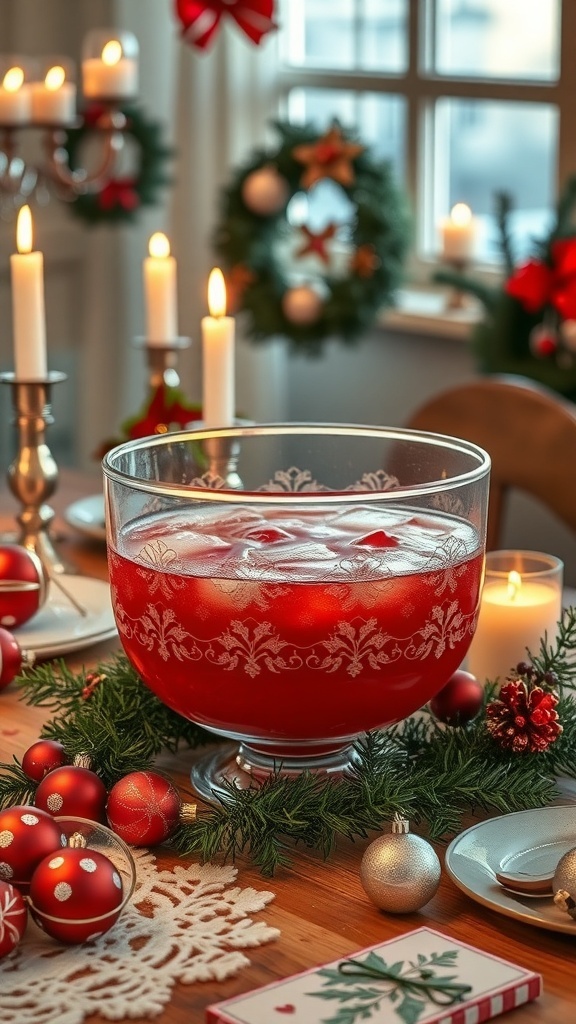 A vintage punch bowl set surrounded by Christmas decorations and candles.