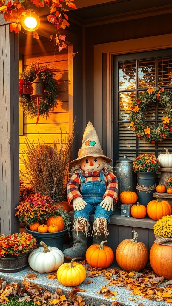 Scarecrow decor on a fall front porch with pumpkins and flowers.