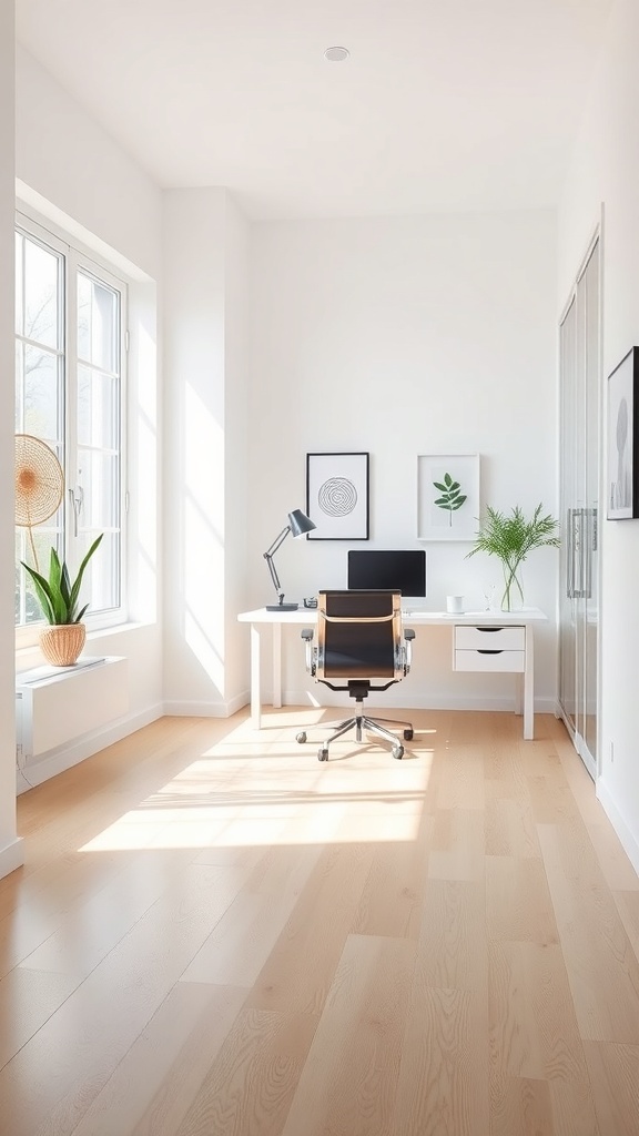 A bright and minimalist home office featuring light wood flooring, white walls, and sleek furniture.