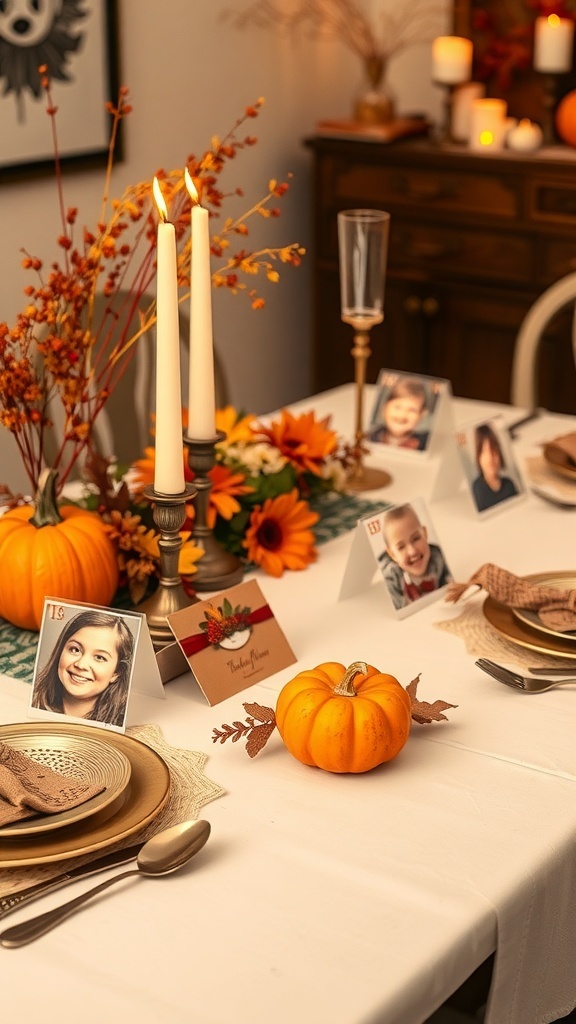 Thanksgiving table with family photo place cards and fall decorations.