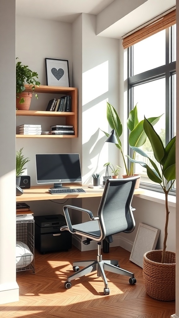 A compact corner office nook featuring a desk, computer, and plants.
