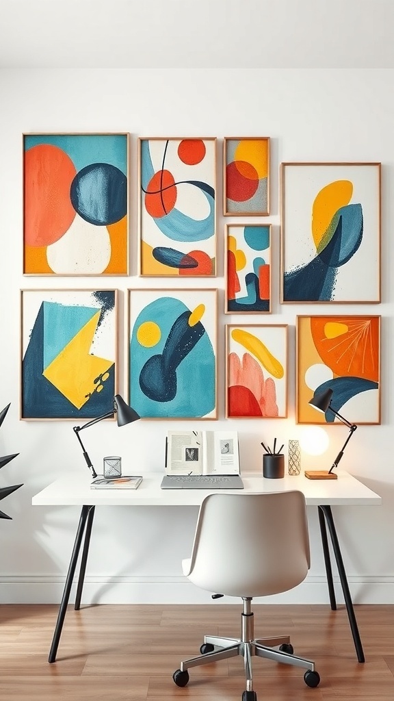 A contemporary home office featuring a gallery wall of colorful abstract art, a sleek white desk, and modern lighting.