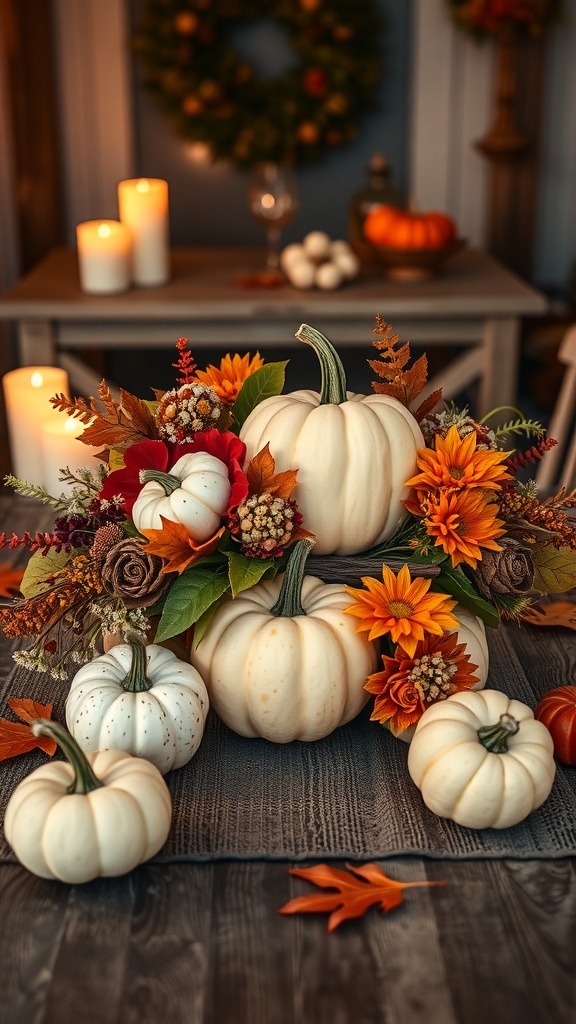 A beautiful pumpkin centerpiece arrangement with white and orange pumpkins, fall flowers, and greenery.