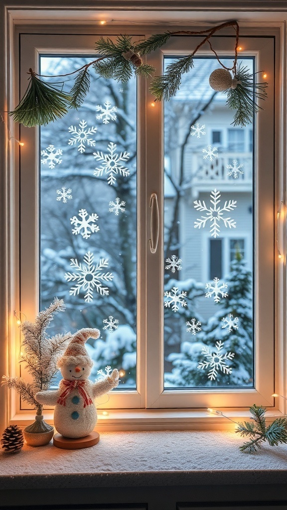 A cozy window decorated with snowflakes, a snowman, and holiday lights.