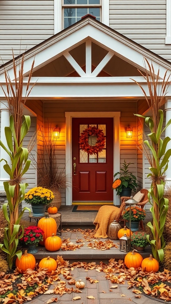 A front porch decorated with corn stalks, pumpkins, and fall flowers.
