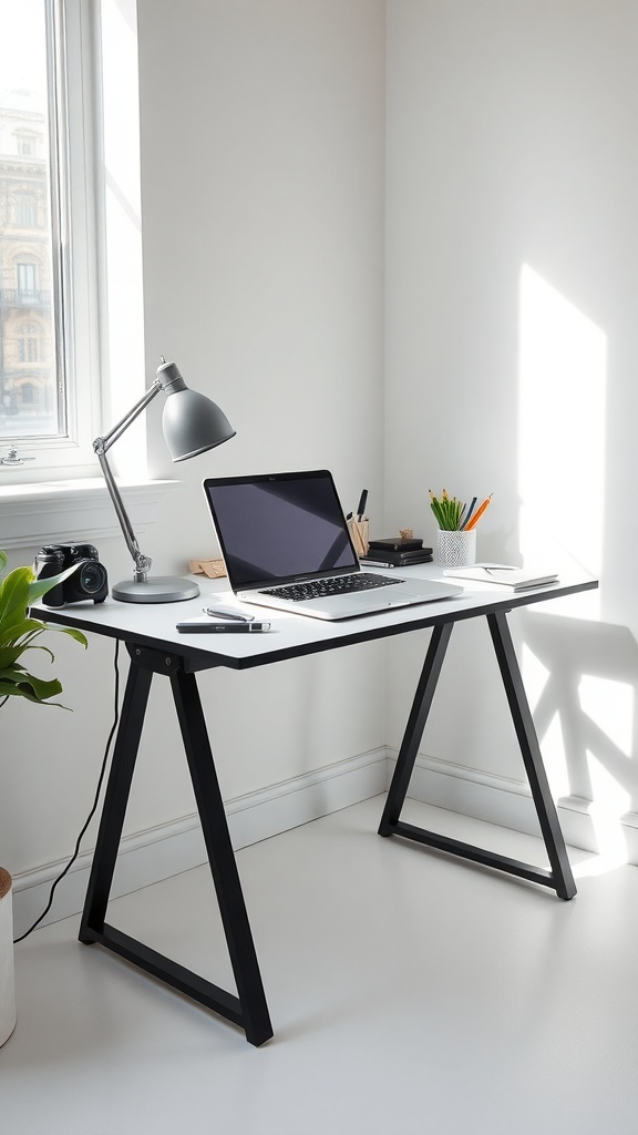 A minimal desk setup featuring a laptop stand, lamp, and plants in a bright room.