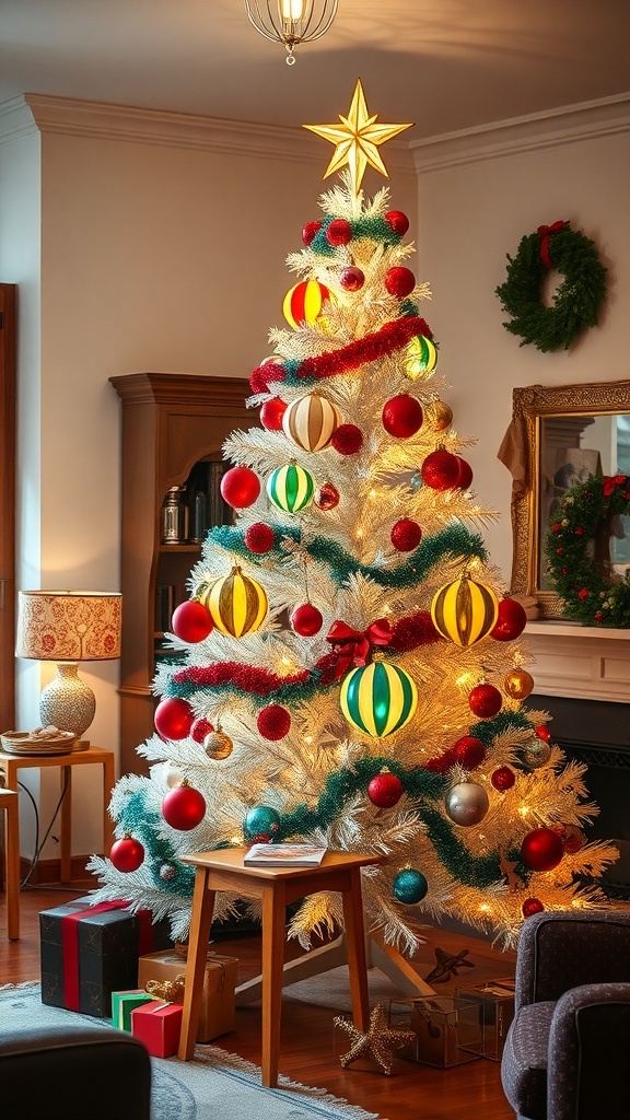 A mid-century aluminum Christmas tree decorated with colorful ornaments and a star on top.