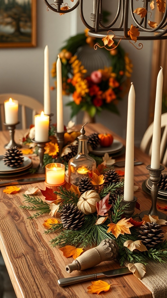 A nature-inspired Thanksgiving table decor featuring pinecones, candles, and autumn leaves.