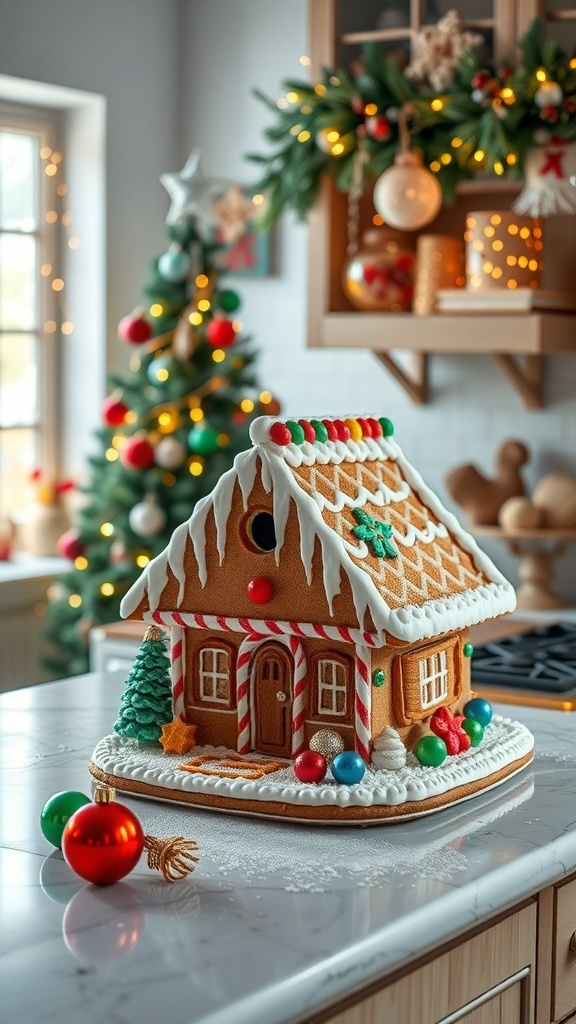 A beautifully decorated gingerbread house on a kitchen countertop, surrounded by holiday decor.