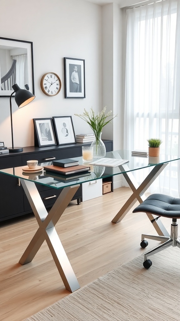 A modern home office featuring a glass desk with metal accents, stylish chairs, and natural light.