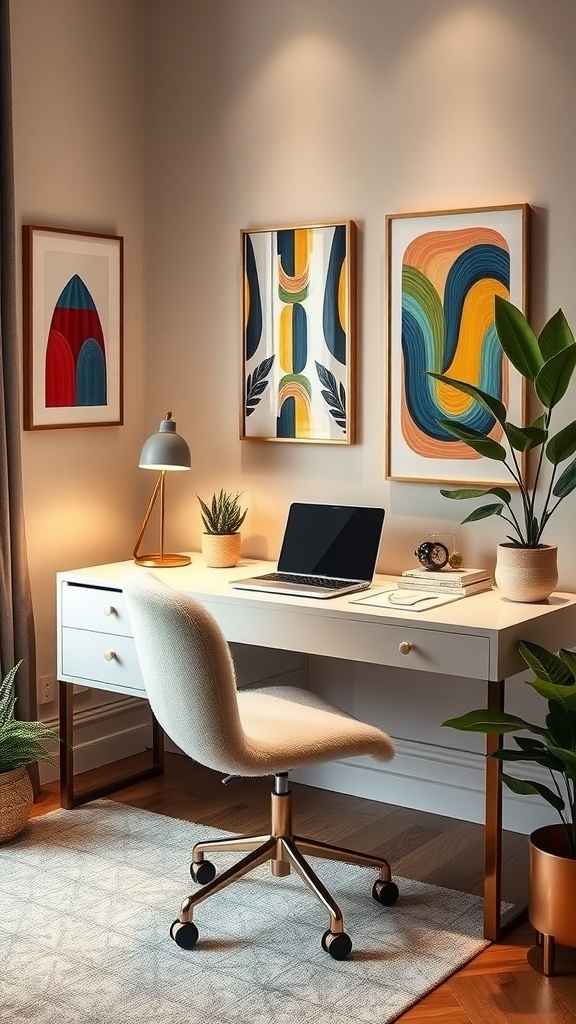 Stylish home office setup with a desk, chair, and decorative elements.