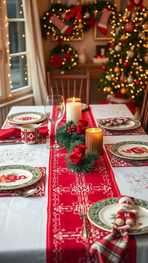 A beautifully set dining table with a red and white table runner, festive plates, and Christmas decorations.
