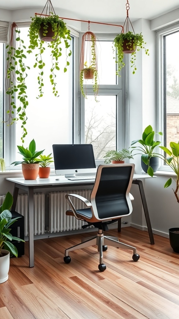 A modern home office with plants and a sleek desk setup.