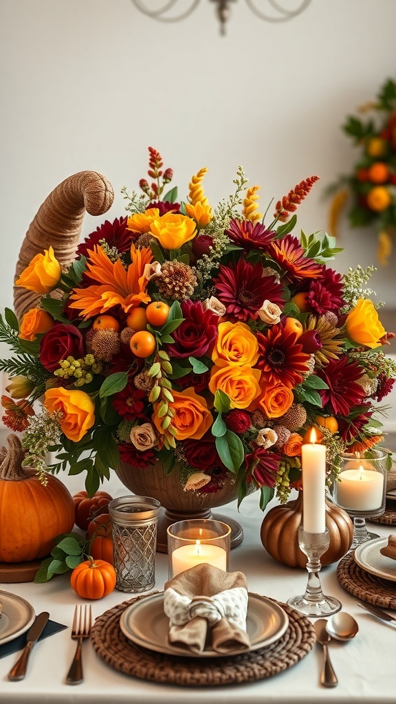 A vibrant floral cornucopia centerpiece with autumn flowers and pumpkins on a Thanksgiving table.