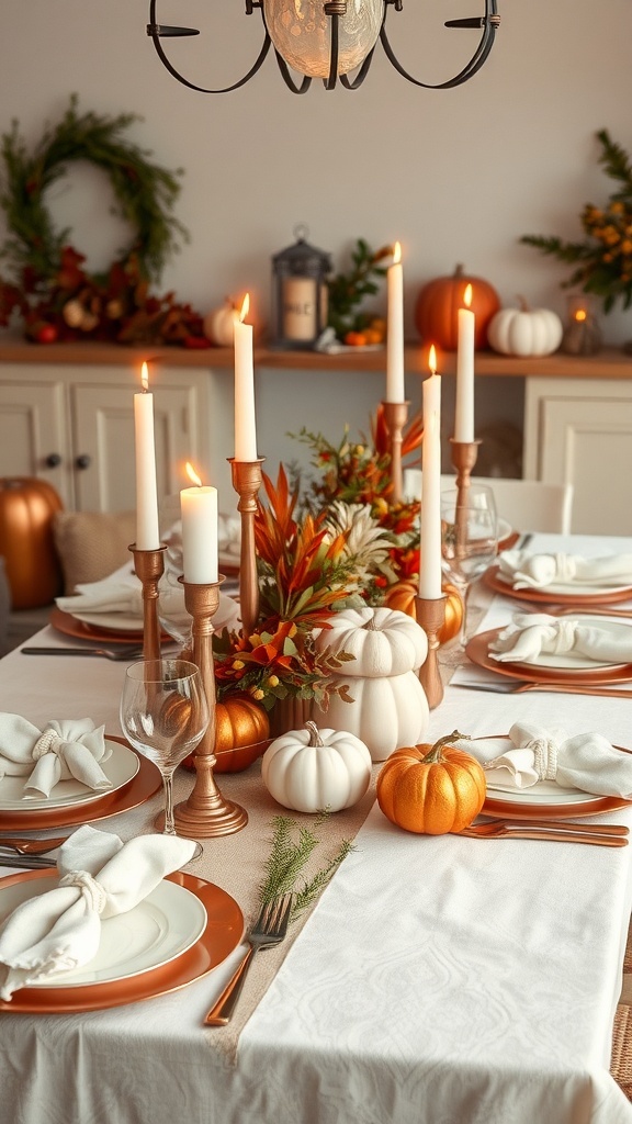 Thanksgiving table decor featuring copper and cream elements with pumpkins and candles.
