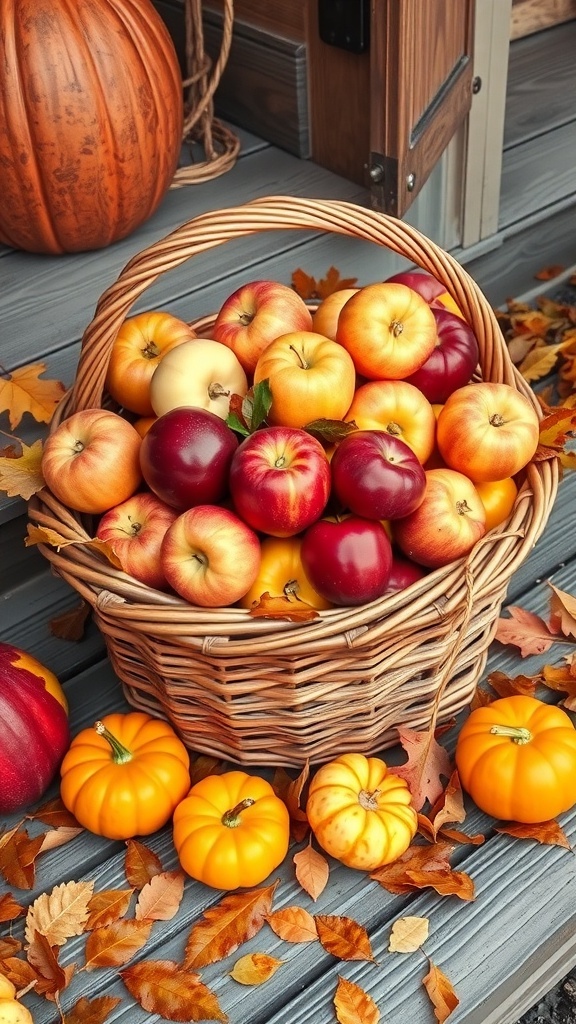 A basket filled with various apples surrounded by mini pumpkins and autumn leaves on a porch.