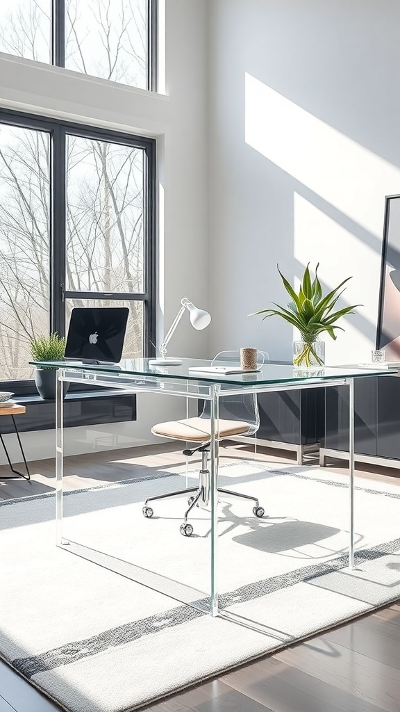 A modern home office featuring an acrylic desk and chair, with natural light streaming in.