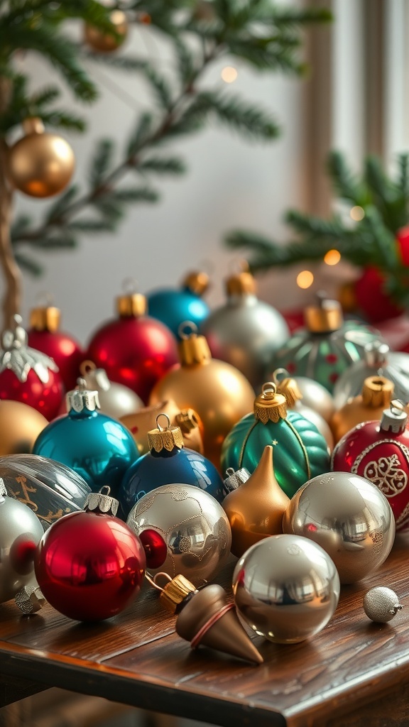 A collection of colorful vintage glass Christmas ornaments on a wooden table.