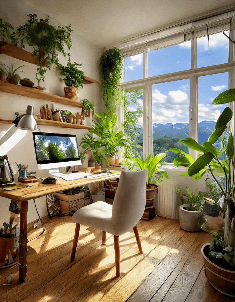ai generated, office, home office, study, plants, nature, indoors, interior design