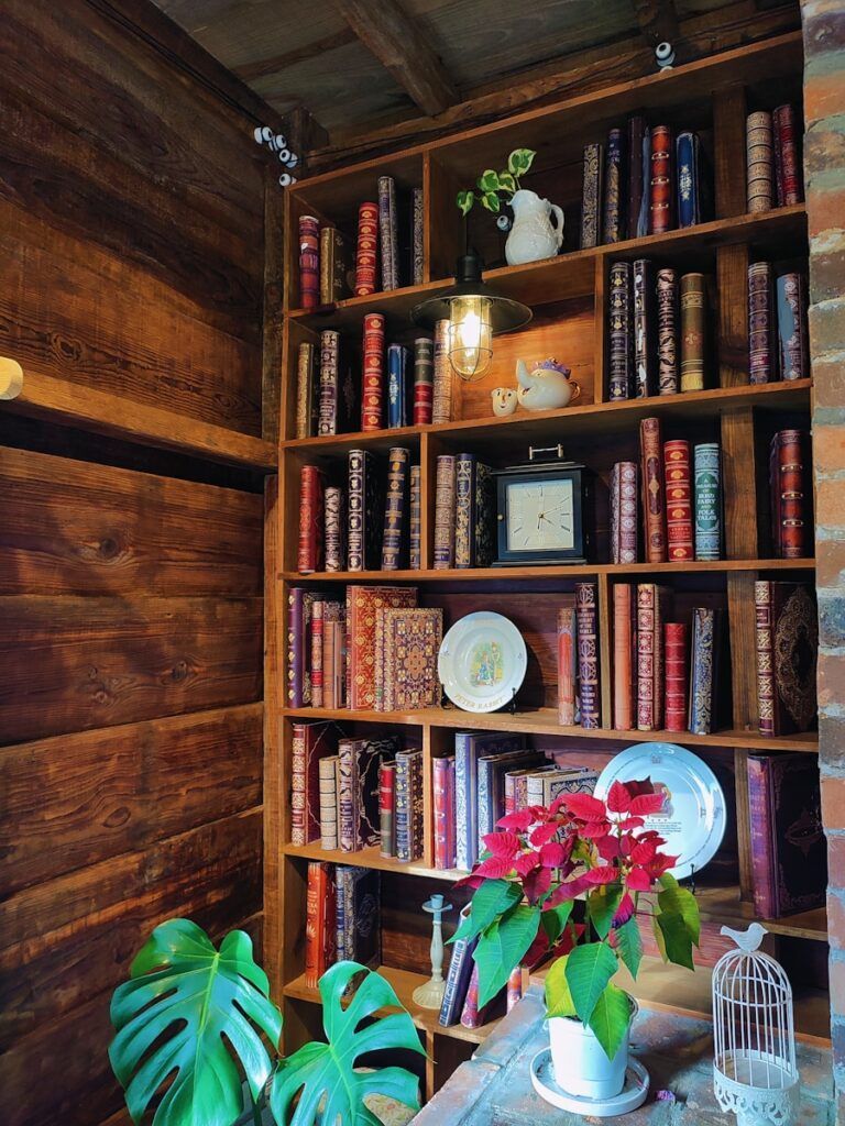 a wooden book shelf filled with lots of books