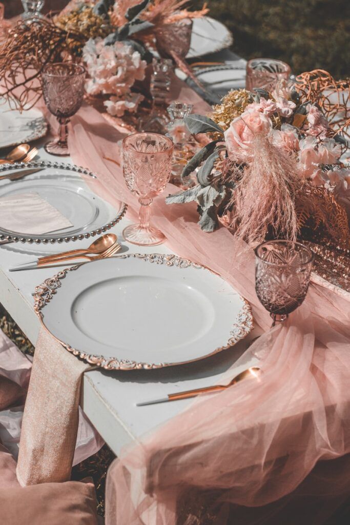 pink and white glam floral table cloth