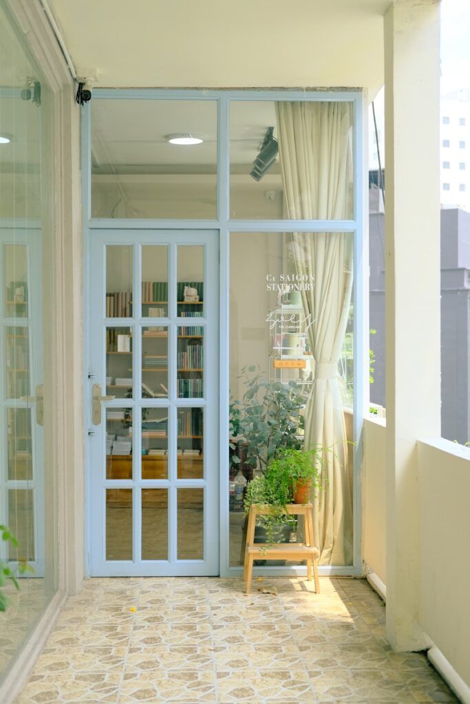 a door with a window and curtains