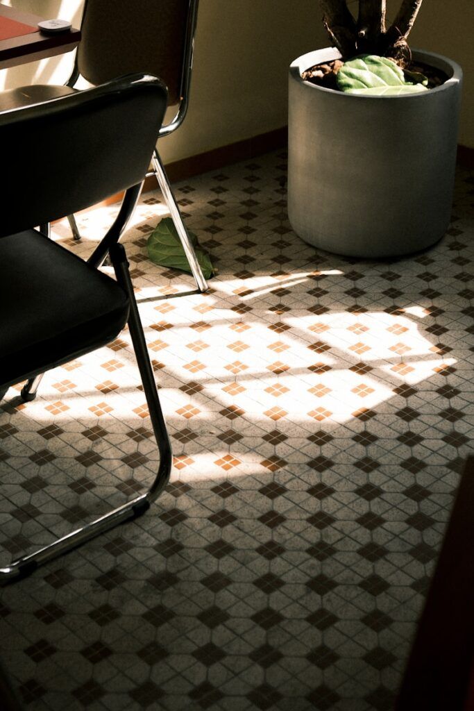 a chair and a potted plant in a room with geometric-patterned rug