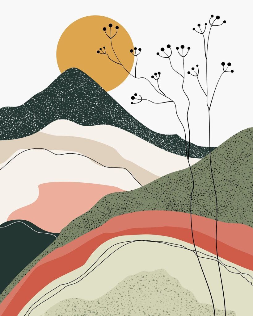 landscape, mountain, boho, modern, wall art, nature, sun, colorful