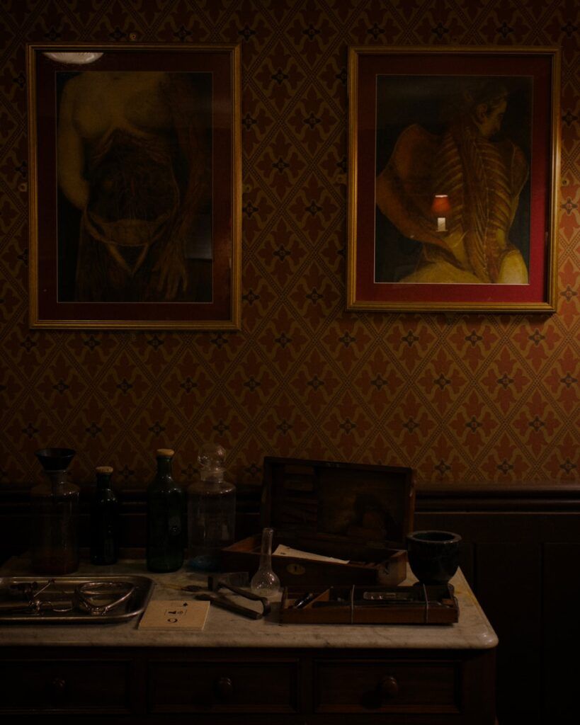 Two framed anatomical displays above medical instruments.