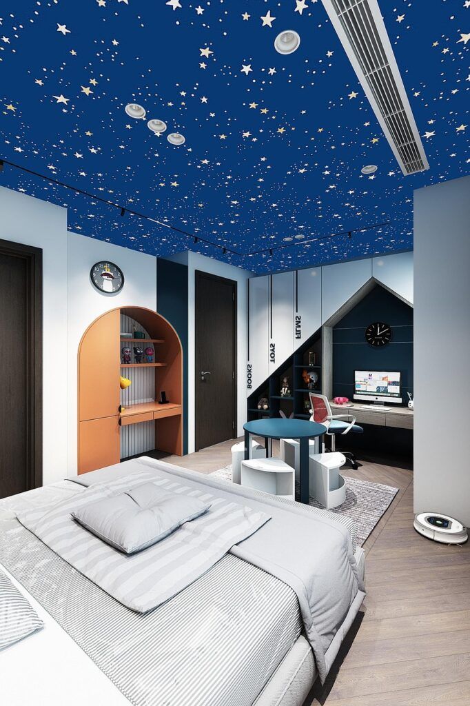 bed, kid's bedroom, children bedroom, art, wardrobe, ceiling, stars, ceiling lights