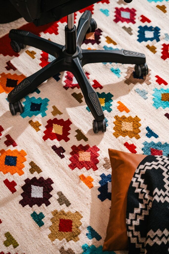 Office chair on a colorful patterned rug