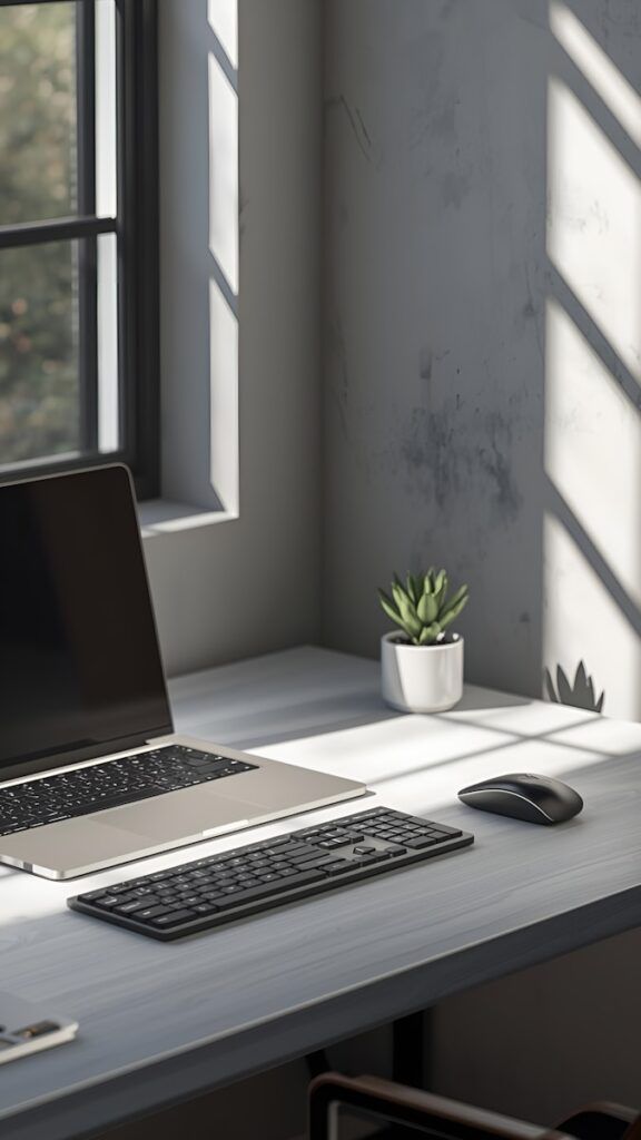Laptop, keyboard, and mouse on a desk with sunlight.